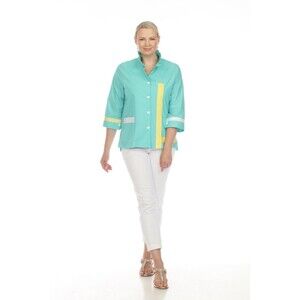 Terra SJ Apparel Tunic large Aqua Wire‎ Collar  Artsy Boho W/POCKETS Lt. Weight